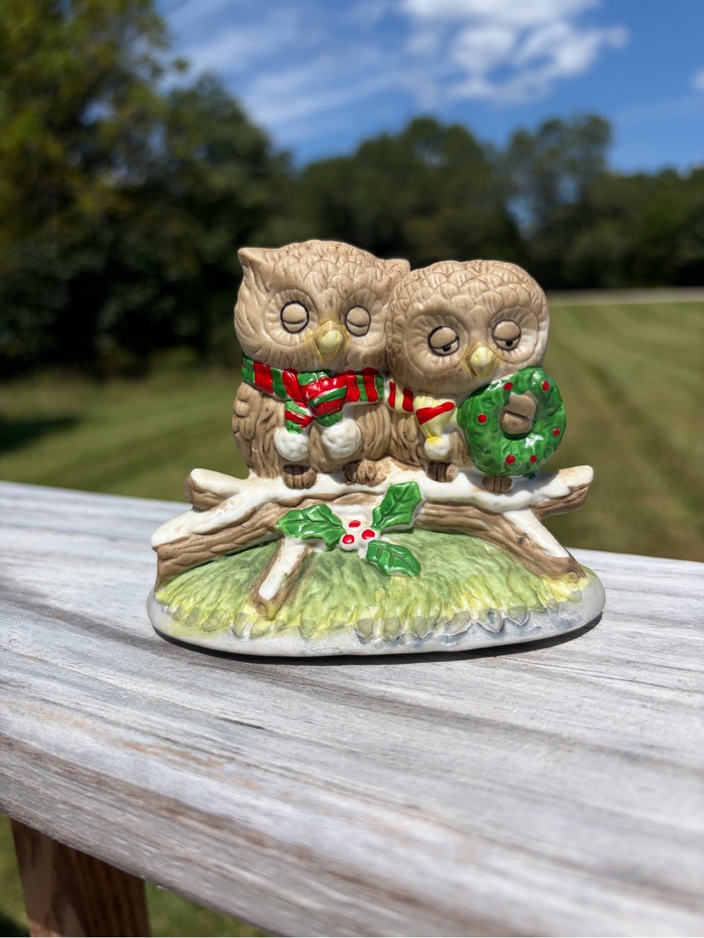 VINTAGE 1970's PORCELAIN DOUBLE OWL CHRISTMAS FIGURE ENESCO